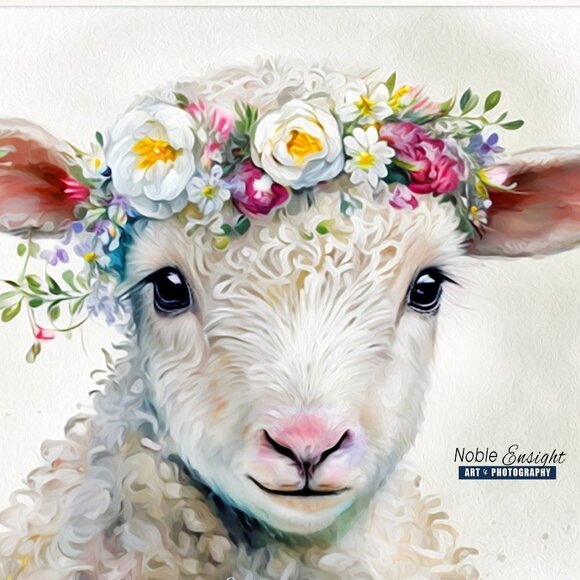 20x30 Baby Lamb Wearing Floral Crown Portrait Watercolor Oil Painting Poster - Picture 2 of 7
